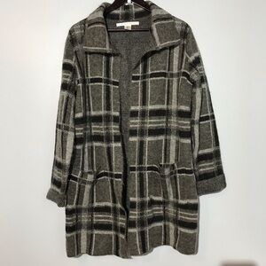 Plaid Open Front Sweater - Gray Large